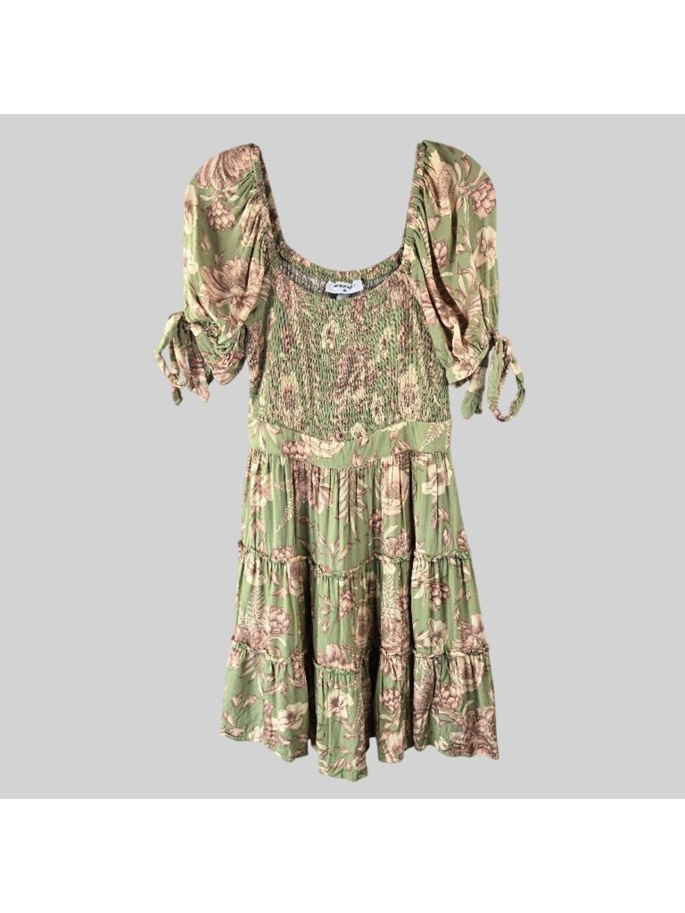 Agua Bendita Mini Babydoll Dress XS Green Floral Smocked Tiered Boho Cottagecore